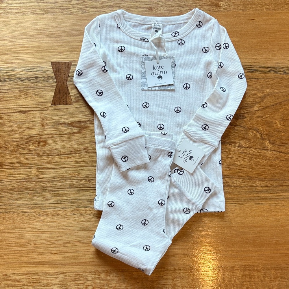 kate quinn Peace Signs PJ Set, Long Sleeve Crew Neck Organic Cotton Rib